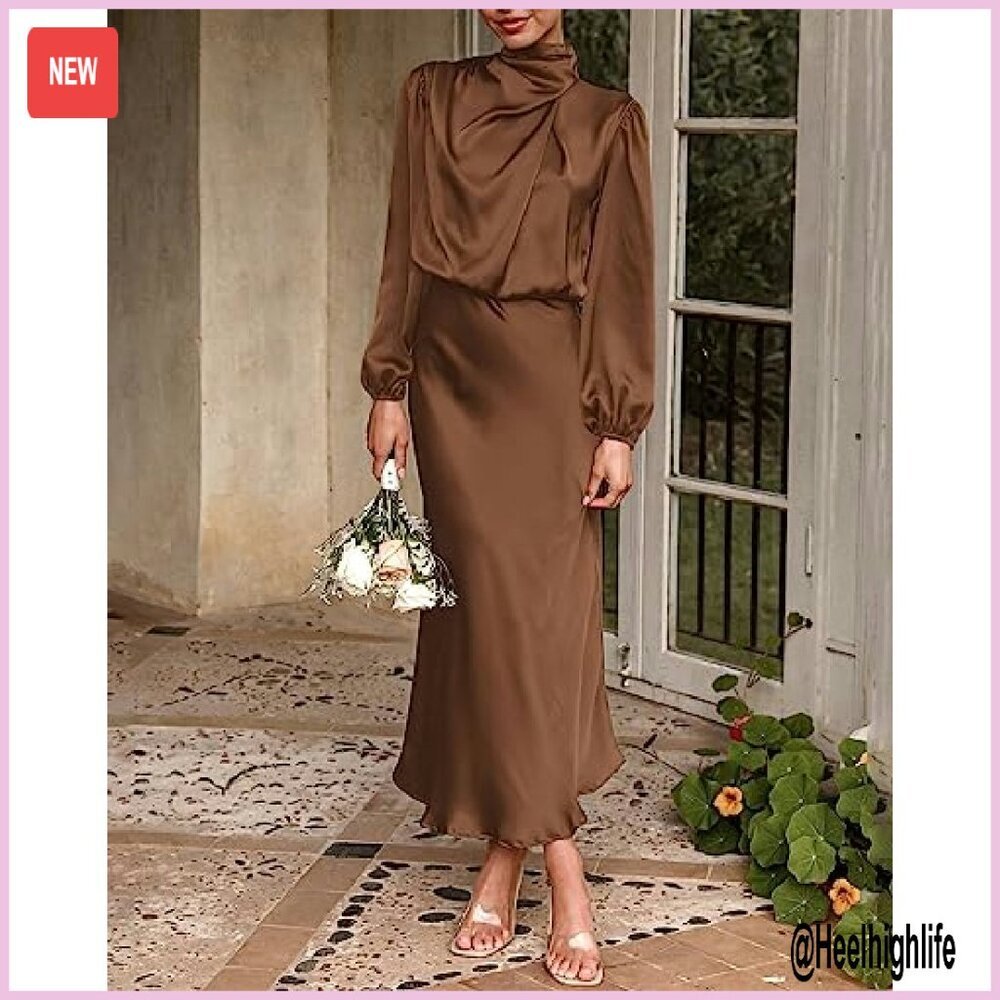 Mock Neck Satin Maxi Dress Long Sleeve Formal Evening Party Gown - Picture 4 of 8